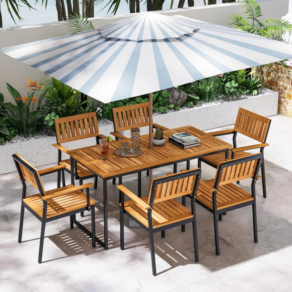 Tavolo da pranzo per esterni, 140 x 70 x 70 x 70 cm, con foro per ombrellone e tavolo in legno di acacia, per 6-8 persone, tavolo da cucina per giardino e casa