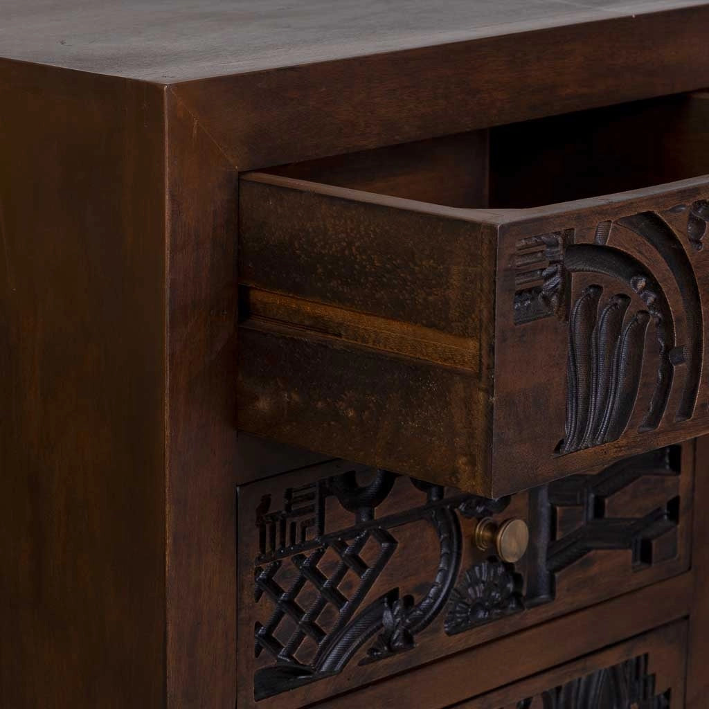 Cassettiera in legno marrone intagliato a mano, 45x40x100h cm
