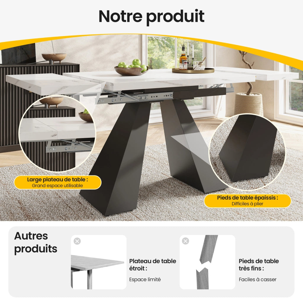 Tavolo allungabile in MDF e metallo con piano effetto marmo, per pranzo e home office, bianco nero, 99-159 × 74 × 77 cm