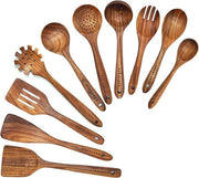 Set di Lepri in Legno 10 pezzi - Accessori Cucina - Legno di Teak Naturale - Resistente al Calore - Manico Antiscivolo - Facile da Pulire