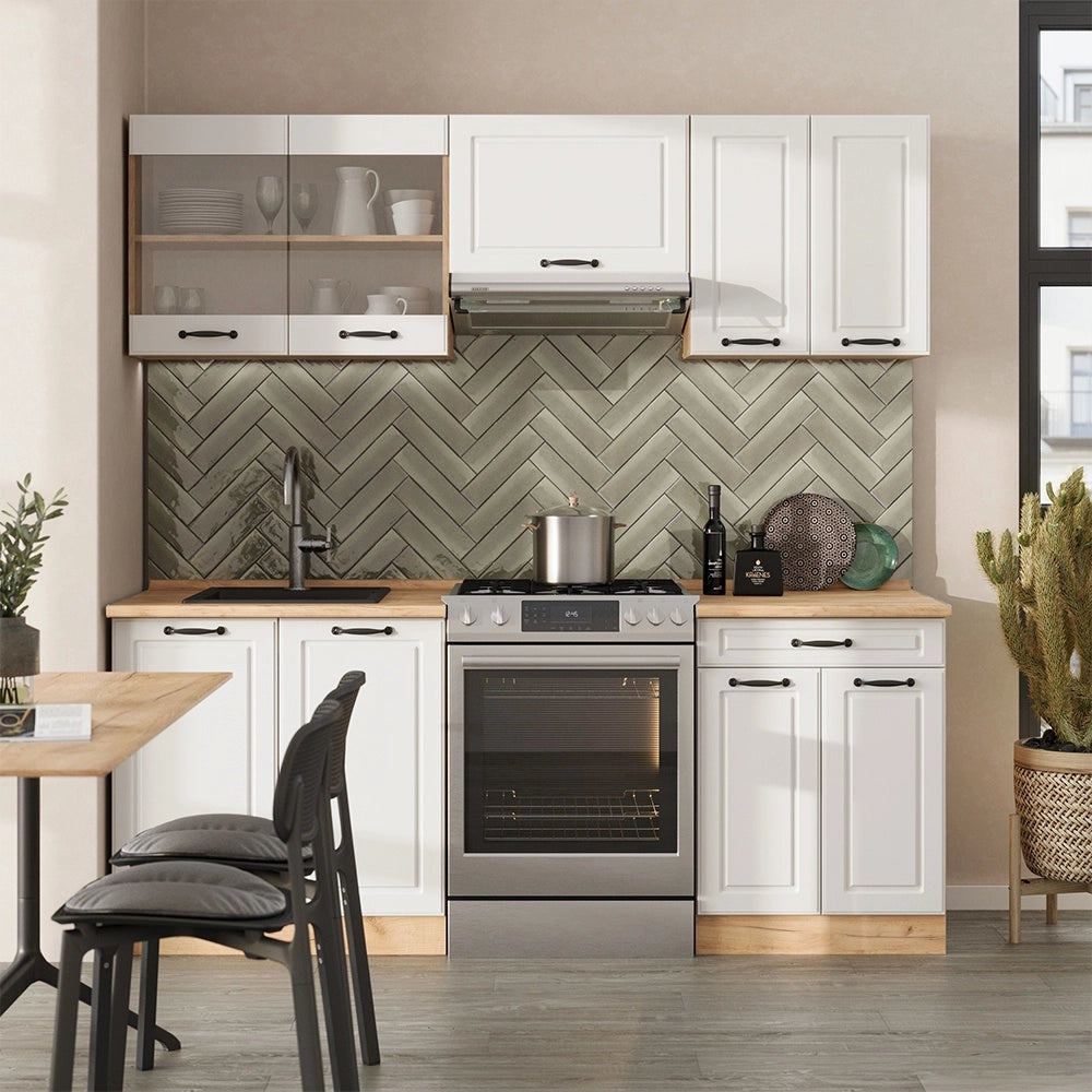 Cucina componibile R-Line Bianco rustico/Rovere dorato 200 cm, PL Marmo Vicco