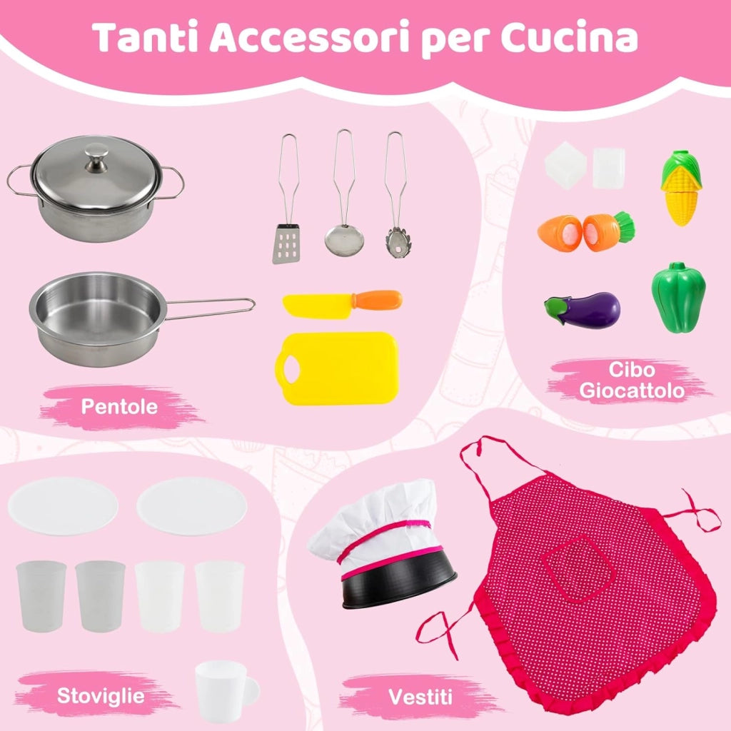 Cucina Giocattolo per Bambini, Set da Cucina in Legno con Luci e Suoni, Macchina del Ghiaccio, Cappa, Fornelli, Microonde e Lavastoviglie, per Bambini 3+ Anni, 118 x 29 x 100cm (Rosa)