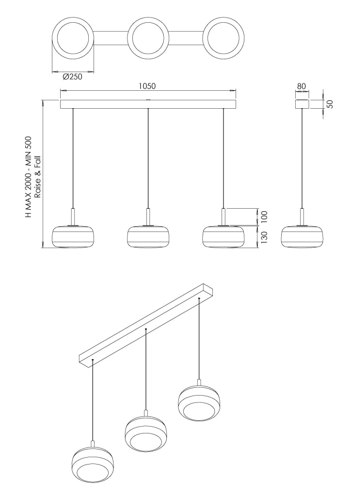 Lampada a Sospensione LED Devero 3x7W 2550lm CCT Dimmerabile a step, Struttura in metallo e vetro borosilicato colore Cognac sfumato - Devero