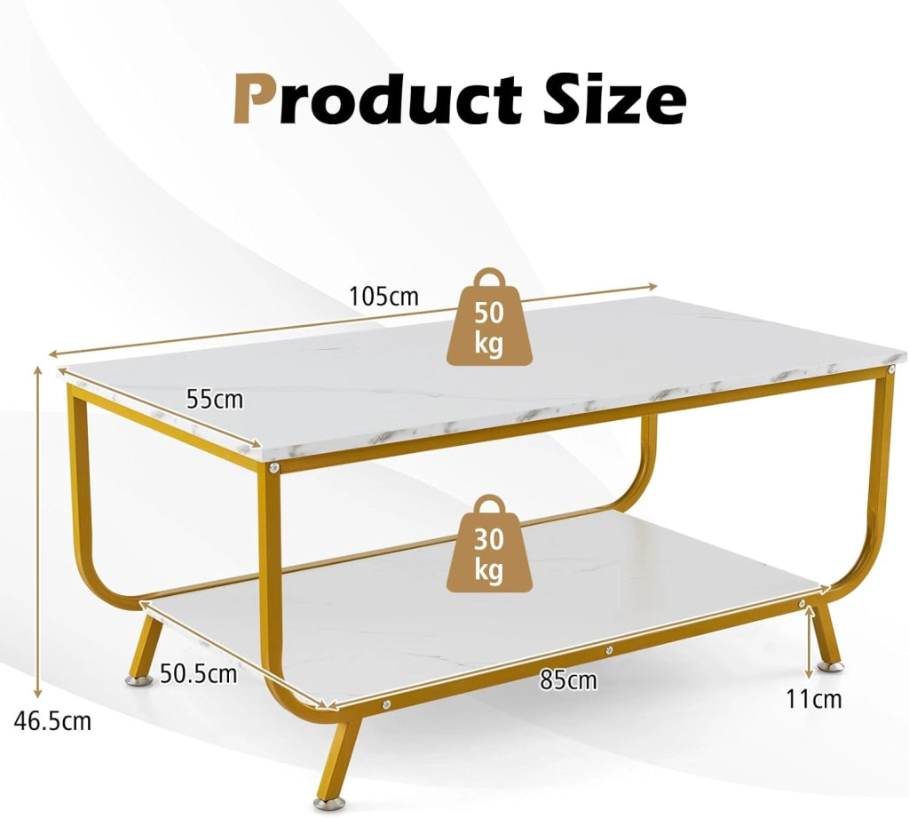 Tavolino da Caffè a 2 Ripiani, Tavolo da Salotto Moderno, Tavolino da Divano con Struttura Metallica e Scomparto Aperto, Peso Max 50 kg, 105 x 55 x 46,5 cm (Bianco)