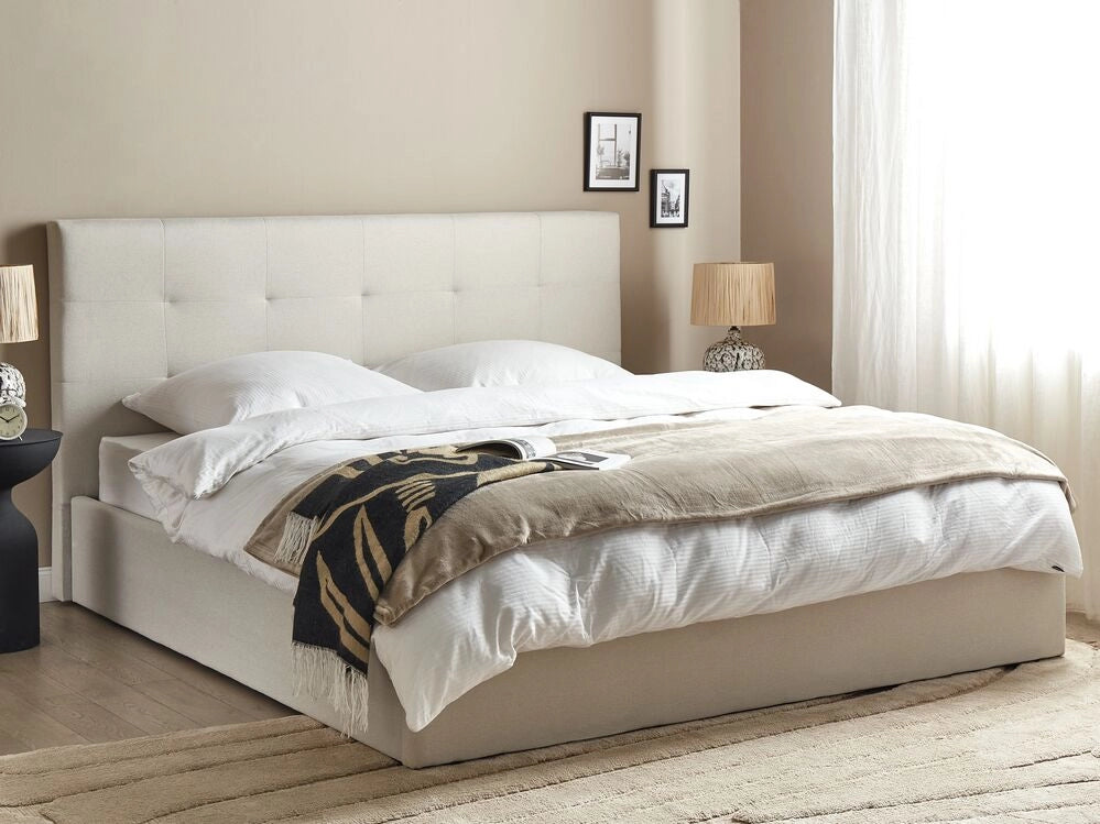 Letto matrimoniale con contenitore portaoggetti e testiera imbottita 180x200 cm in tessuto di poliestere stile moderno
