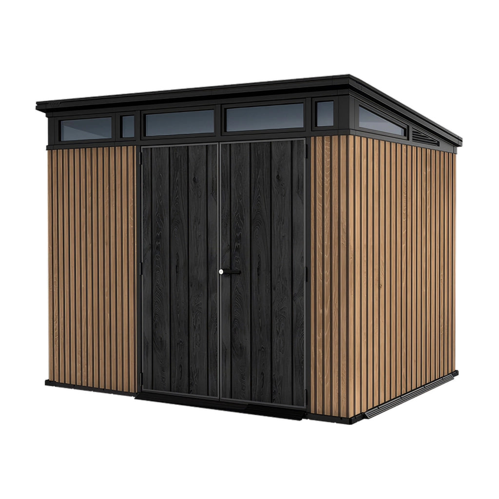 Pent 9x7 - Casetta da Giardino 279x226x218 cm 2 Ante per deposito attrezzi finitura effetto legno Evotech+ in Resina Marrone e Nero