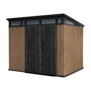 Pent 9x7 - Casetta da Giardino 279x226x218 cm 2 Ante per deposito attrezzi finitura effetto legno Evotech+ in Resina Marrone e Nero