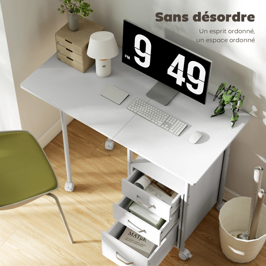 Scrivania pieghevole con ruote ¨C Xylo ¨C 3 cassetti, ripiano estraibile, 105x51x75.5cm, bianco