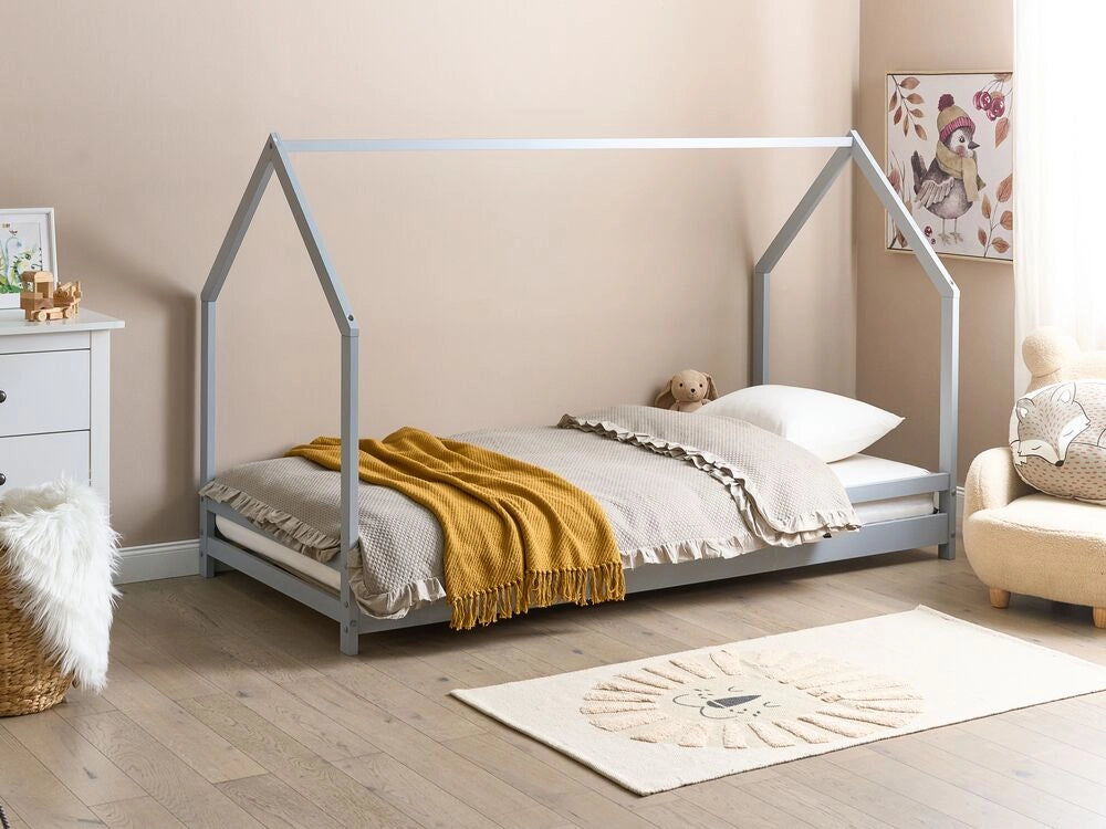 Letto per bambini con baldacchino e rete in legno di pino grigio 90 x 200 cm cemeretta