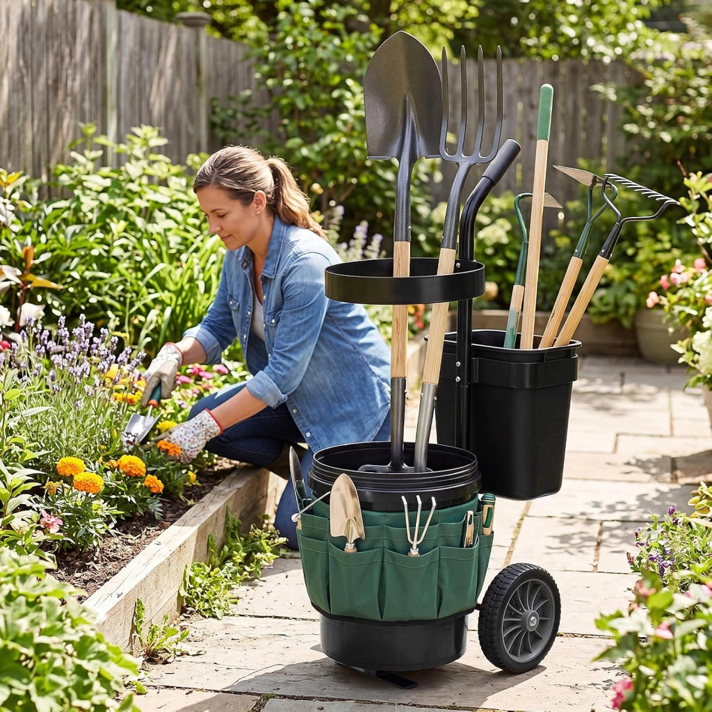 Carrello da Giardino a 2 Ruote, Carrellino da Esterno per Attrezzi da Giardinaggio con Borsa in in Tessuto Oxford, 20 L Secchio Rotondo e 10 L Contenitore Rettangolare Rimovibili