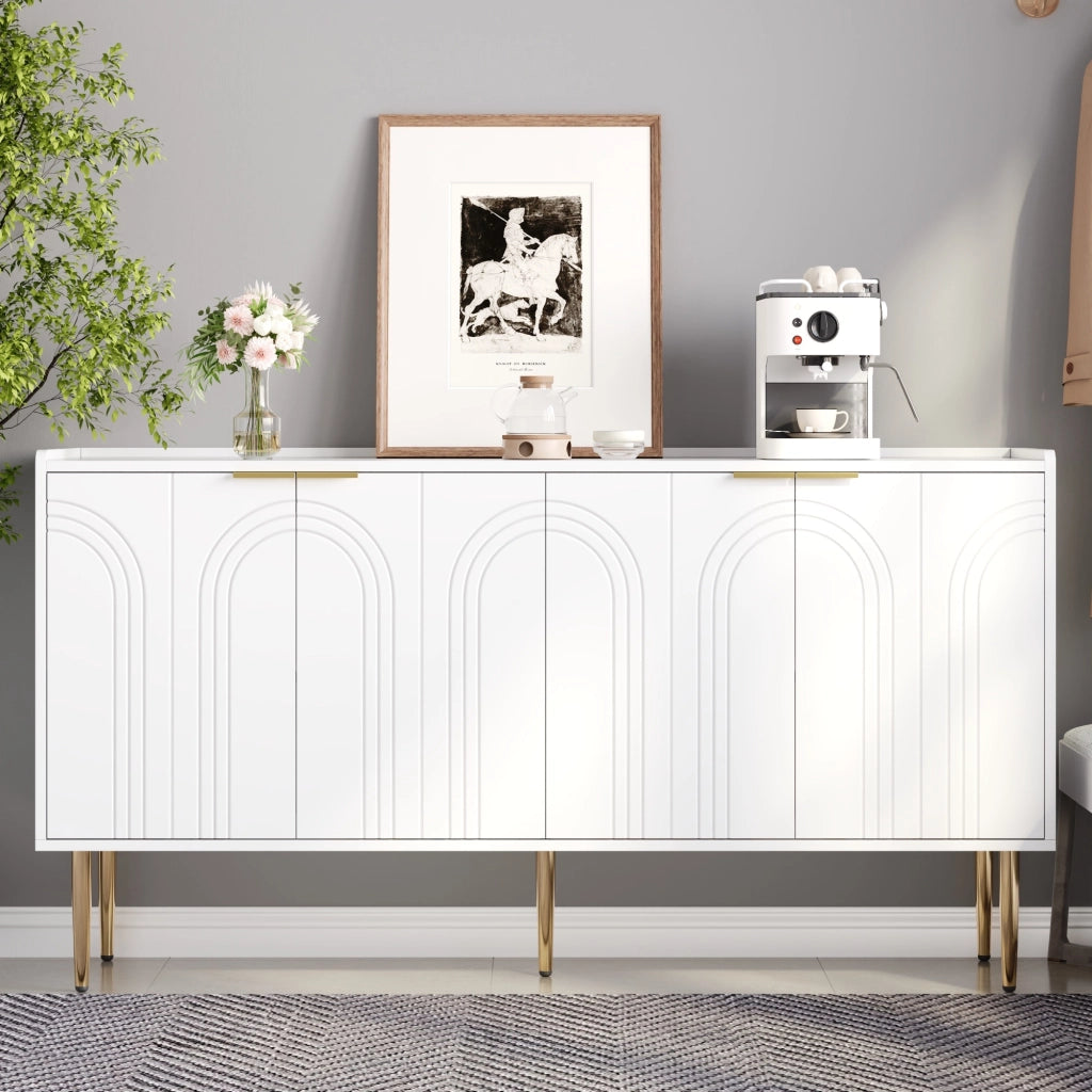 Sideboard moderno 140x38x75 cm con 4 ante; gambe in ferro dorato; bianco