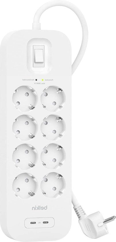 Dispositivo di protezione contro i surriscali con 8 prese da parete - scatola di alimentazione da 2 m - luce di indicazione verde - 2 porte USB-C - ricarica rapida con USB-C PD - protezione fino a 900 joule