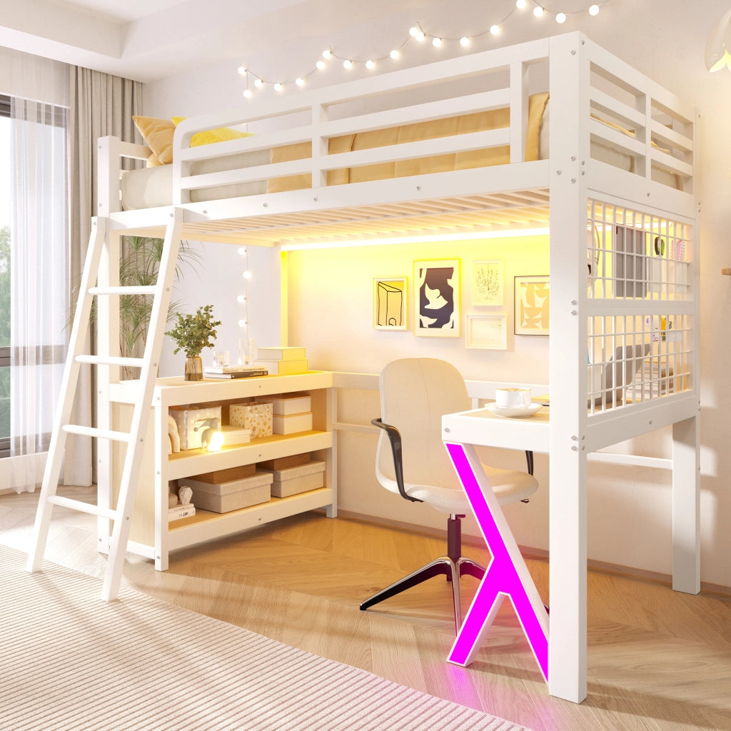 Letto a soppalco 90x200 cm con scrivania; armadio e striscia LED; in metallo e MDF bianco