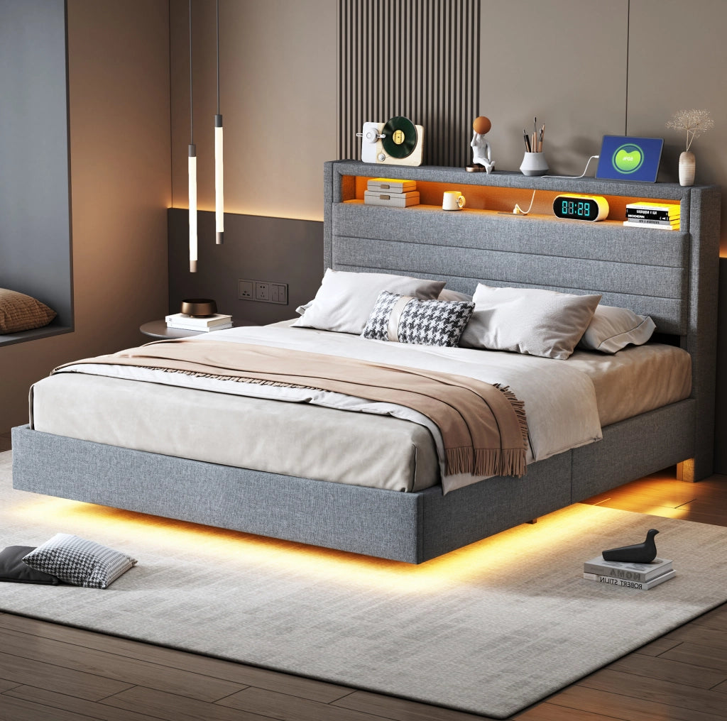 Letto matrimoniale imbottito 140x200 cm grigio con USB; LED e contenitore idraulico