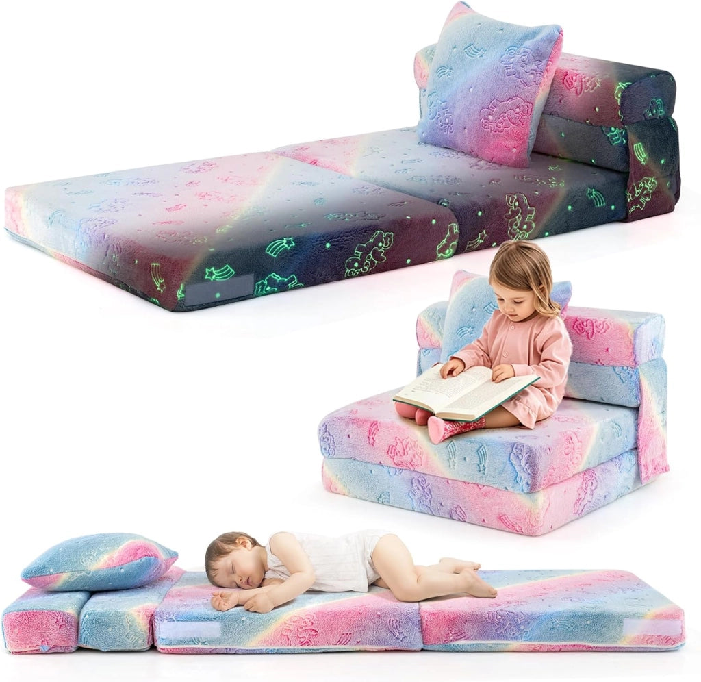Divano Pieghevole per Bambini, Materasso in Schiuma da Pavimento Luminoso al Buio con Cuscino e Copertura Lavabile in Lavatrice, Letto per Bambina
