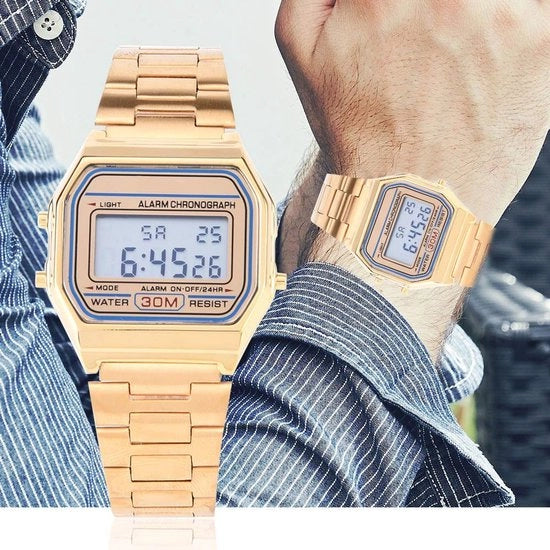 Orologio digitale rettangolare - Cinturino in acciaio inossidabile - Impermeabile 30m - Visualizzazione 12/24 ore - Allarme/Chronografo - 33x36mm - Orologio da polso