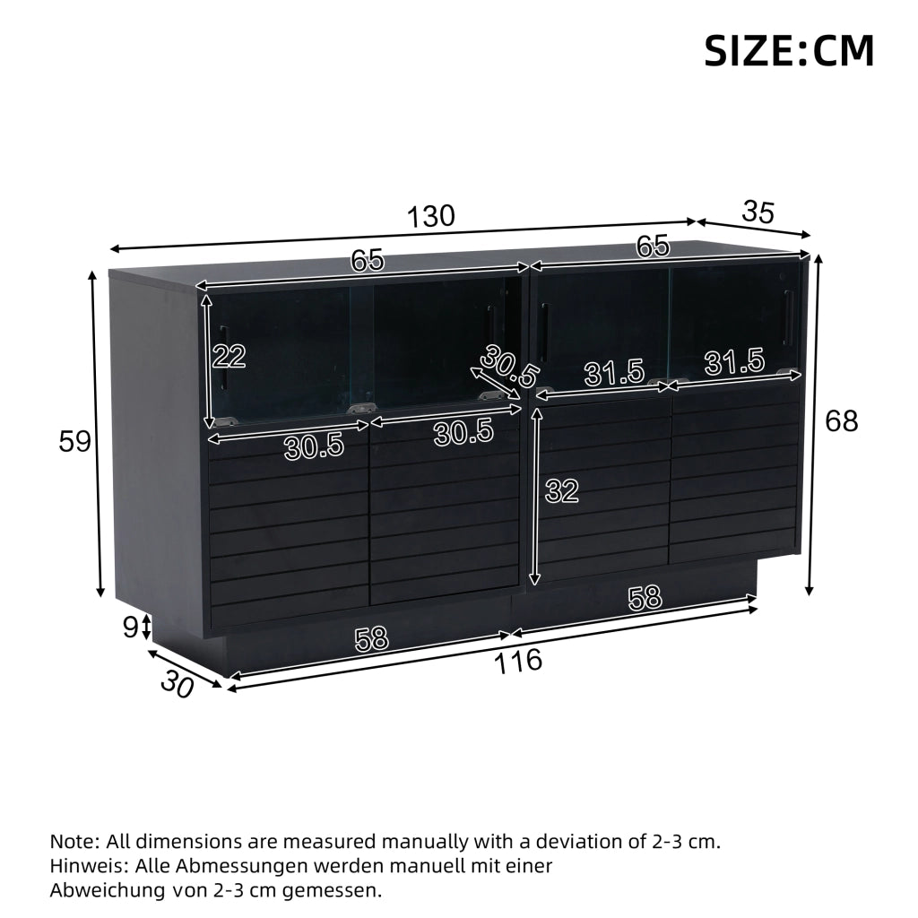 Credenza con 4 Ante Scorrevoli in Vetro e LED; Stile Industriale Moderno; in Pannello Truciolare; 130??35??68 cm; Nero