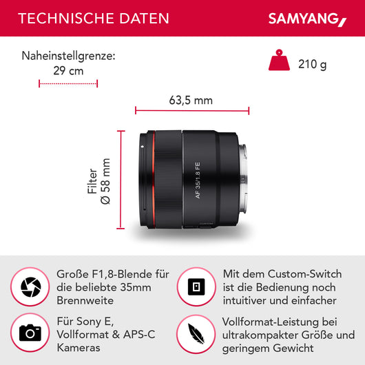 AF Obiettivo grandangolare 35mm F1.8 FE per Sony E- full-frame e APS-C - ultraleggero - angolo di campo di 63,6° e autofocus veloce, lunghezza focale fissa per Alpha A7 III A7C A7C II A7C R