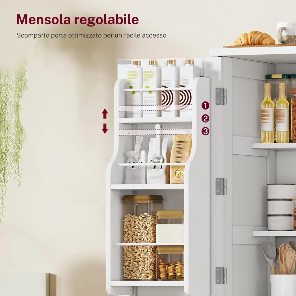 Mobile Dispensa Cucina larghezza 60 cm, Armadio 4 Ante altezza 130 cm con Ripiani Regolabili e Portaspezie Integrata, Credenza Alta per Cucina, Soggiorno, Bianco