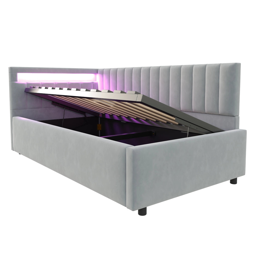 OKWISH Letto Divano 90×200 cm, Letto Singolo con LED Regolabile, Vano Contenitore Idraulico e Testiera Reversibile, senza Materasso, Grigio