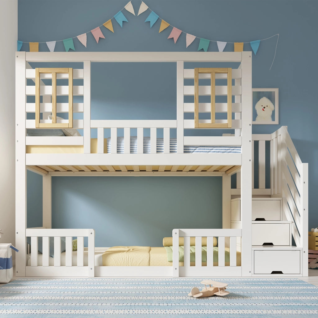 Letto a castello per bambini 90 × 200 cm con scala contenitore e finestre, senza materasso, in legno, bianco