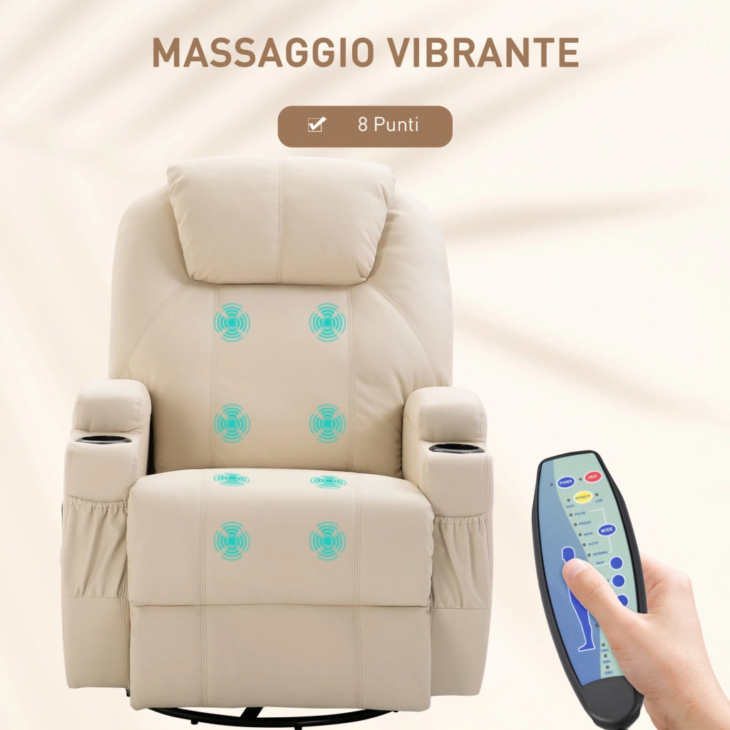 Poltrona Relax Reclinabile Girevole con Poggiapiedi ¨C Xylo ¨C Pelle PU Crema con Portabicchieri