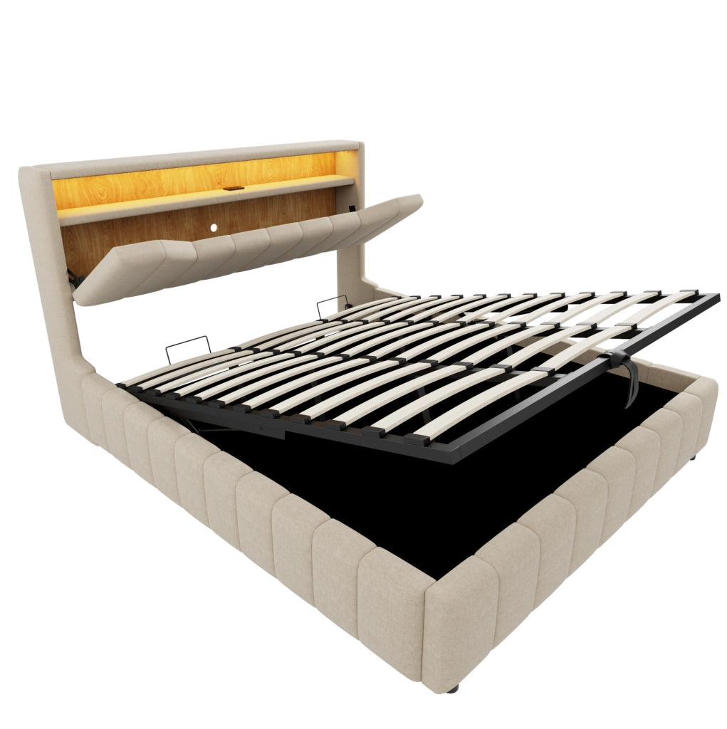 Letto matrimoniale contenitore 214.5x181x107.5 cm con sistema idraulico; LED e testiera contenitore in tessuto beige