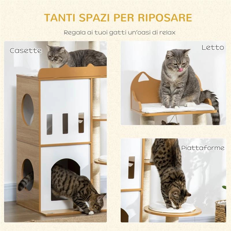 ALBERO PER GATTI IN MDF CON TIRAGRAFFI PER GATTI, 2 CASETTE PER GATTI, POSATOI E PALLINA DA GIOCO, 60X48X133 CM