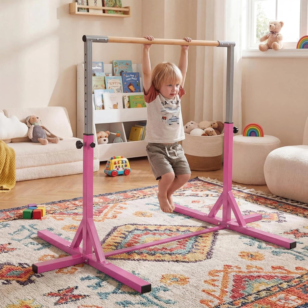 Sbarra per Ginnastica e Danza per Bambini e Bambine, Barra Ginnastica in Metallo e bambù Portatile e Regolabile in Altezza con Cuscinetti Antiscivolo, 195 x 121 x 85-145 cm