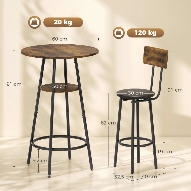 Set tavolo bar industriale con 2 sgabelli imbottiti marrone rustico