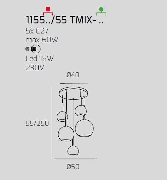 SOSP. OTTONE SAT. TONDA 5 LUCI VETRI (1 GRANDE+1 MEDIO+3 PICCOLO) TUTTI RAME 1155OS-S5 TMIX-RA