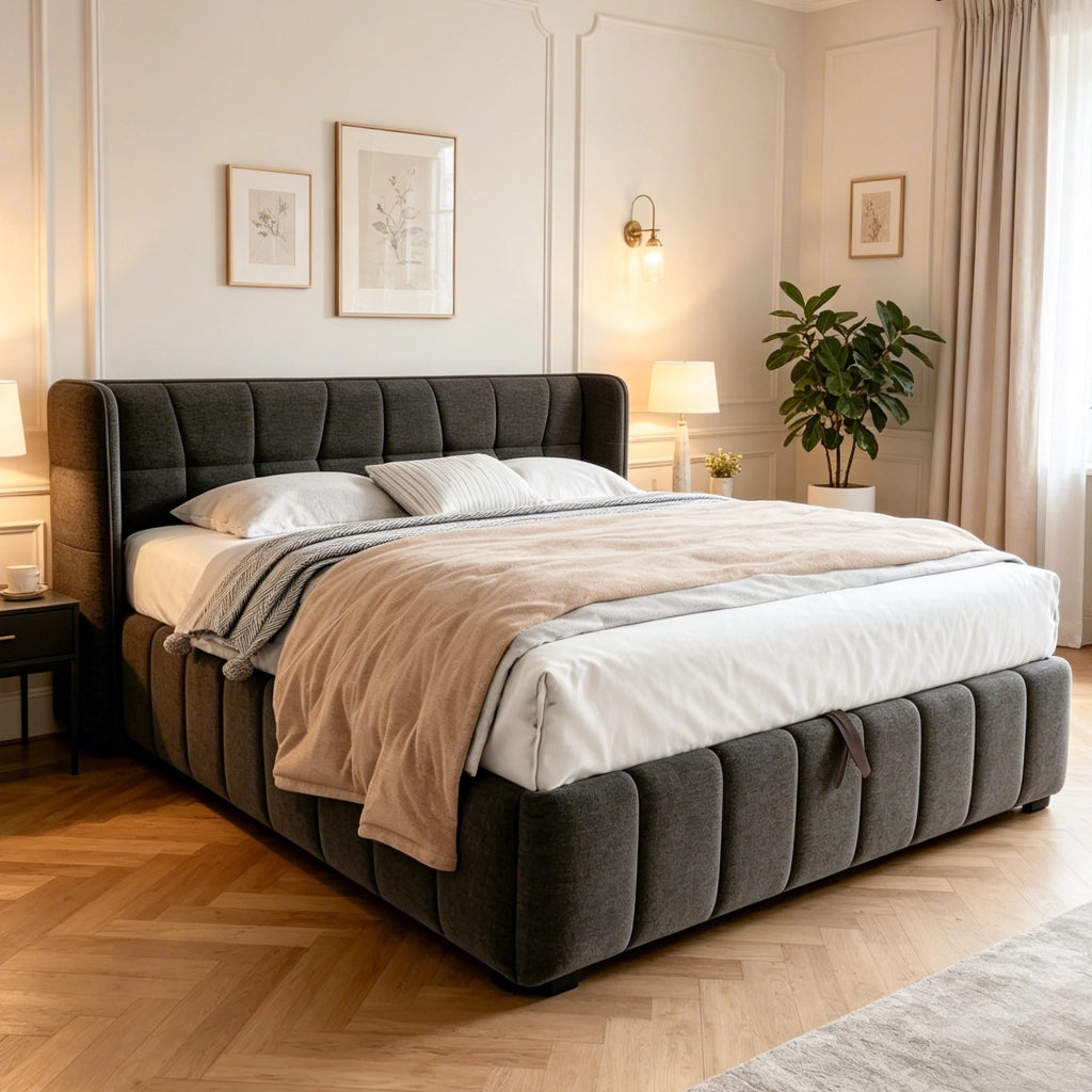 Letto contenitore 180 × 200 cm con sollevamento, senza materasso, per adulti, in tessuto e metallo, grigio