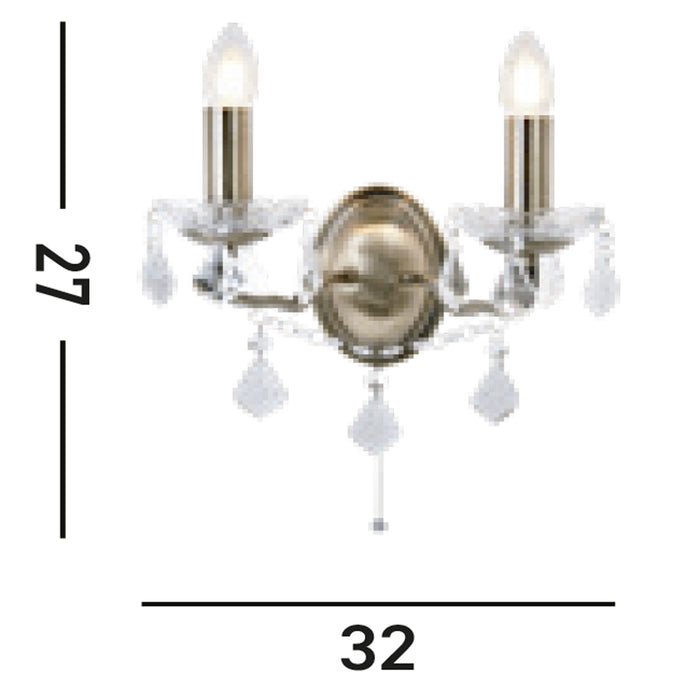 Applique Classica Parigi Acciaio Ottone Vetro Trasparente 2 Luci E14