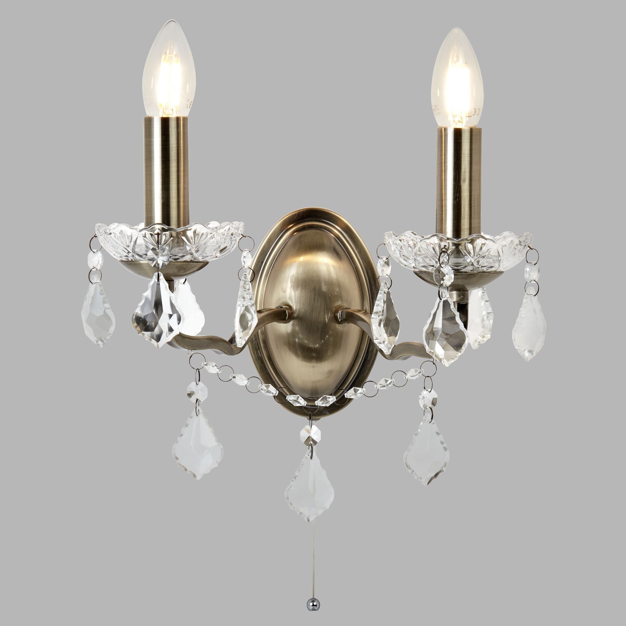 Applique Classica Parigi Acciaio Ottone Vetro Trasparente 2 Luci E14