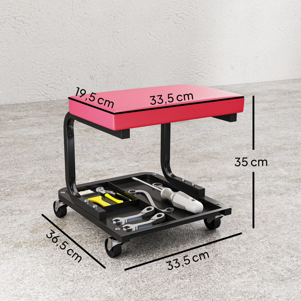 Sgabello da officina mobile con ruote e vassoio ¨C zephmum ¨C 36,5x33,5x35 cm rosso