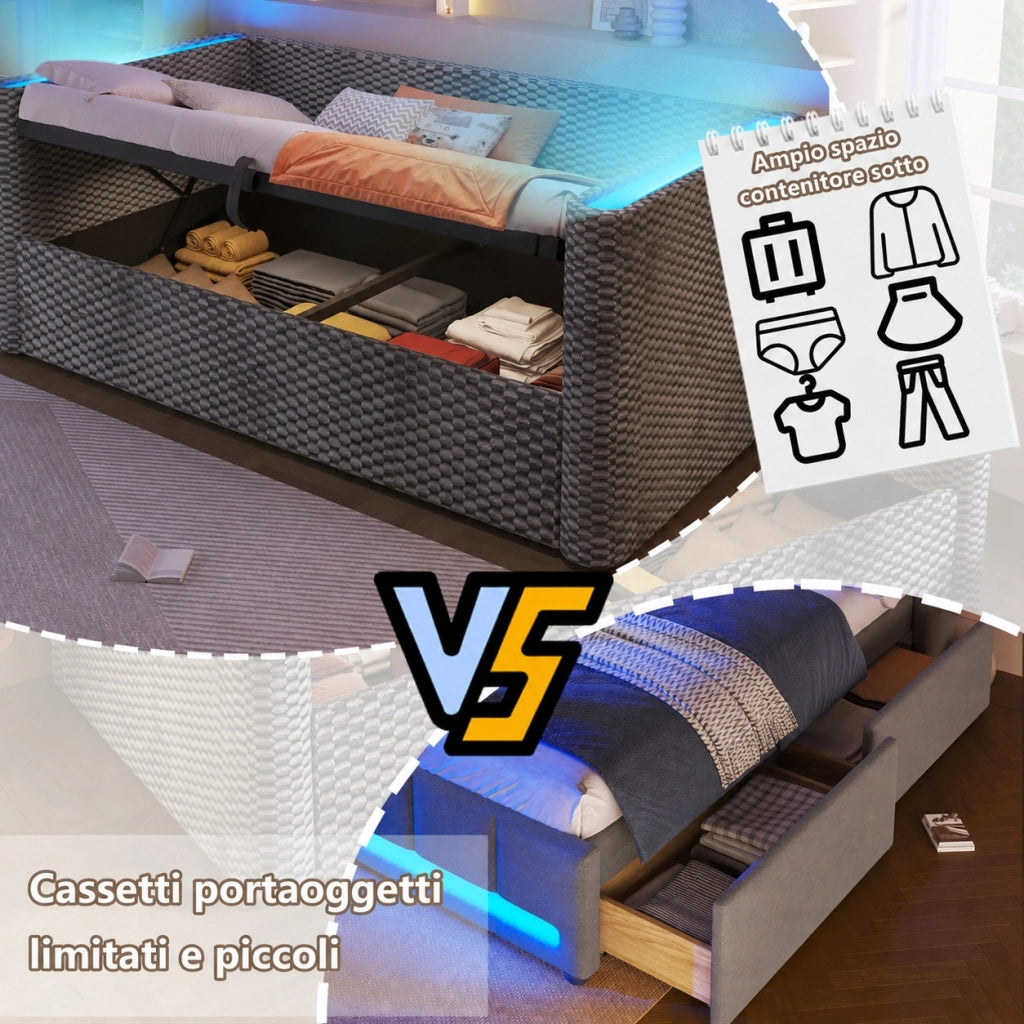 Letto singolo 90x200 cm divano letto con LED e cassetti; lino beige