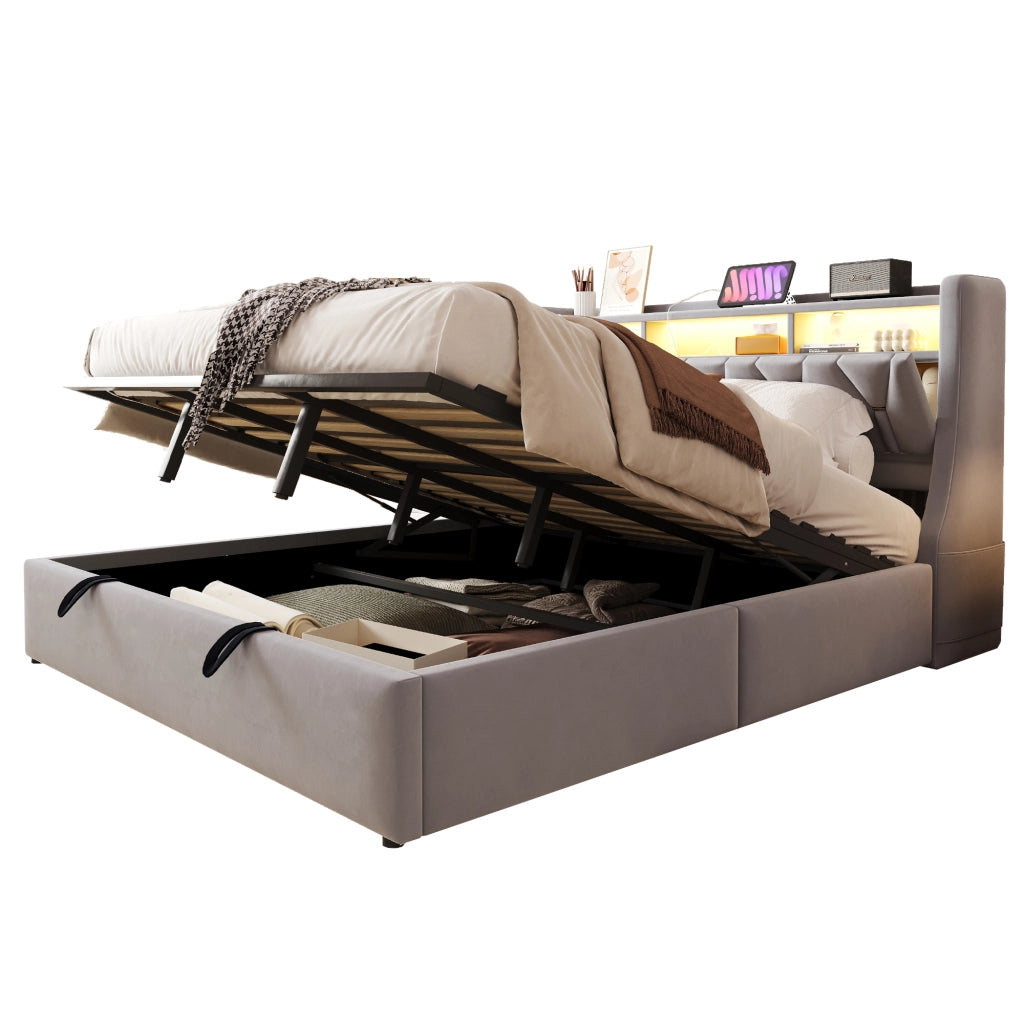 Letto imbottito 180x200 cm con contenitore idraulico, testiera reclinabile con prese USB e USB-C, LED e rivestimento in velluto grigio chiaro