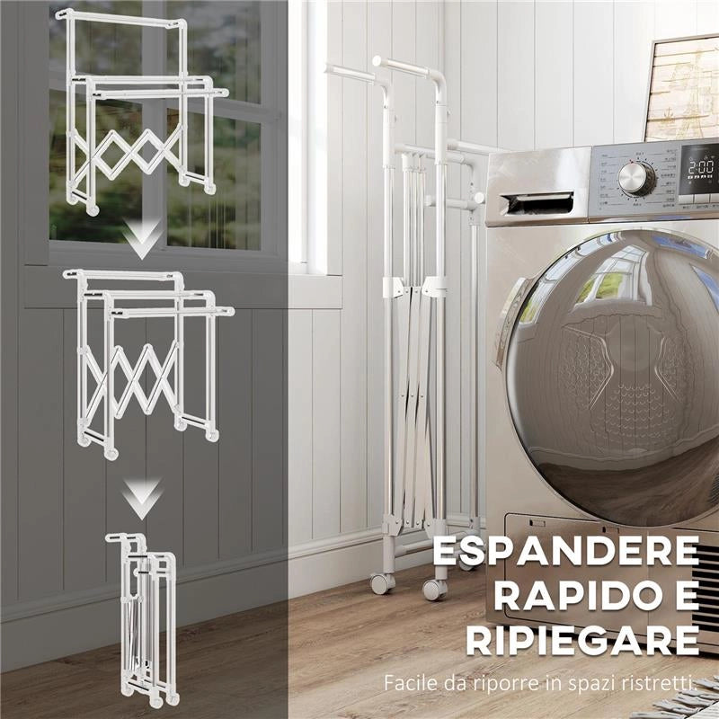 STENDIBIANCHERIA PIEGHEVOLE CON 3 BARRE REGOLABILI, RUOTE GIREVOLI E STRUTTURA IN ACCIAIO INOX, ARGENTO