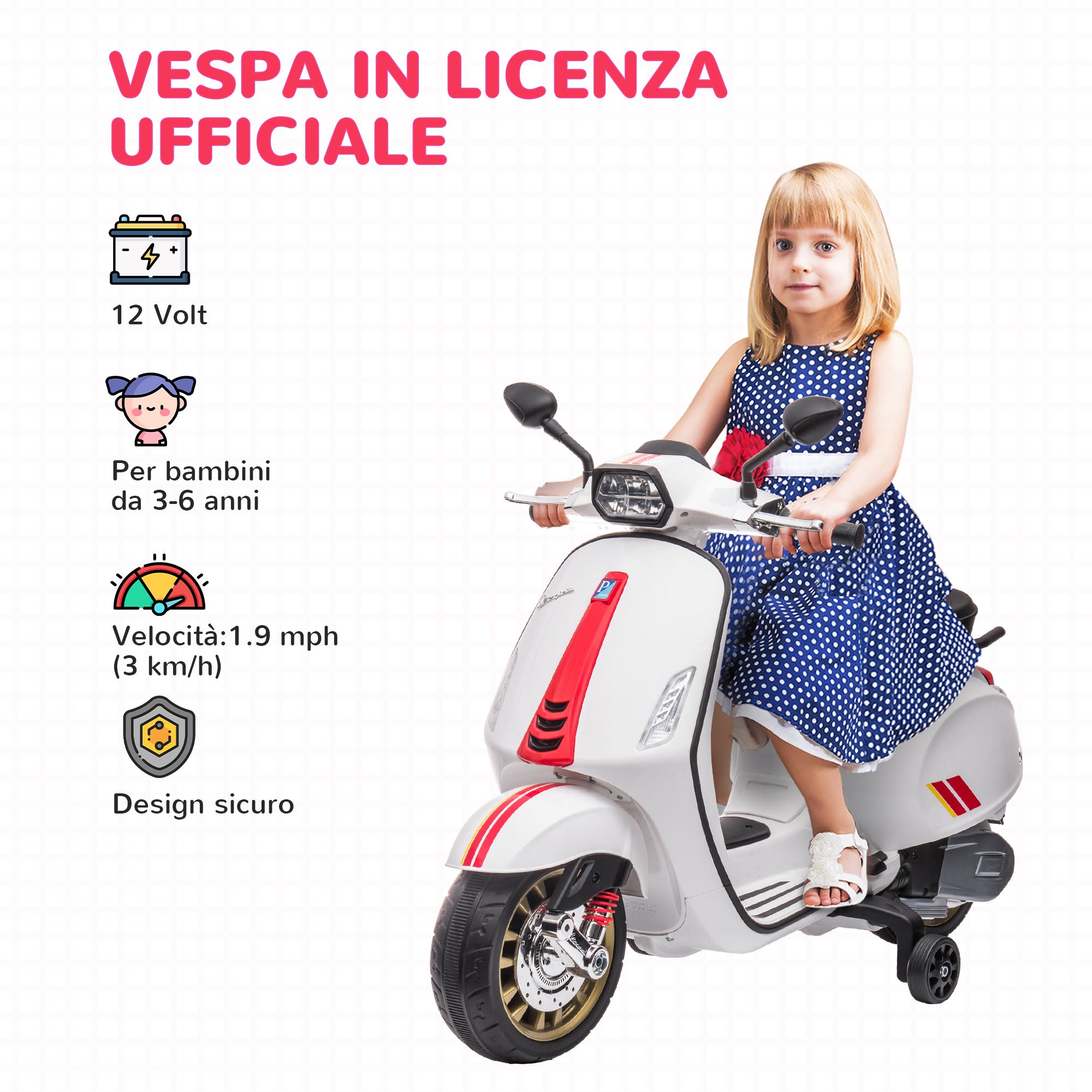 Moto Elettrica per Bambini Piaggio Vespa Sprint 12V con Rotelle Bianco