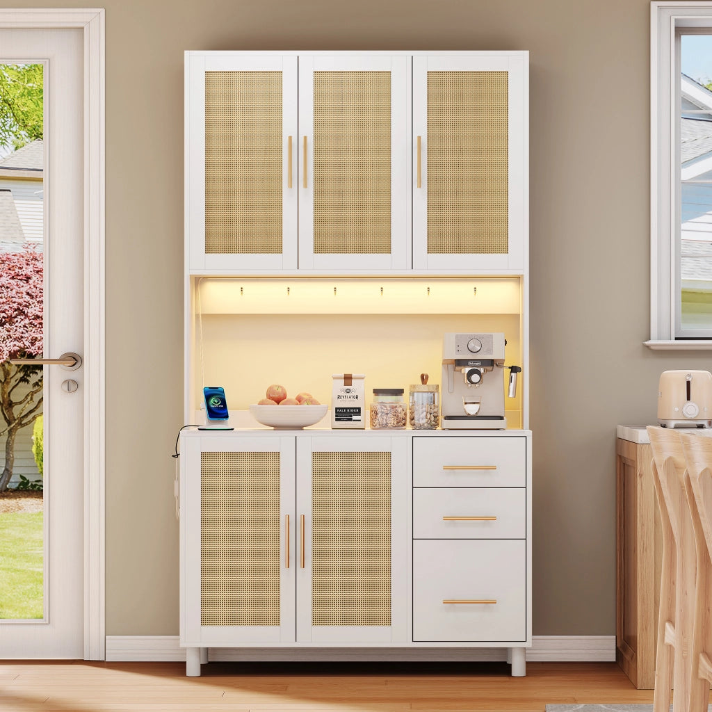 Credenza da Cucina con 5 Ante; 3 Cassetti; 2 Ripiani Regolabili; LED; Prese e USB; in MDF; Bianco