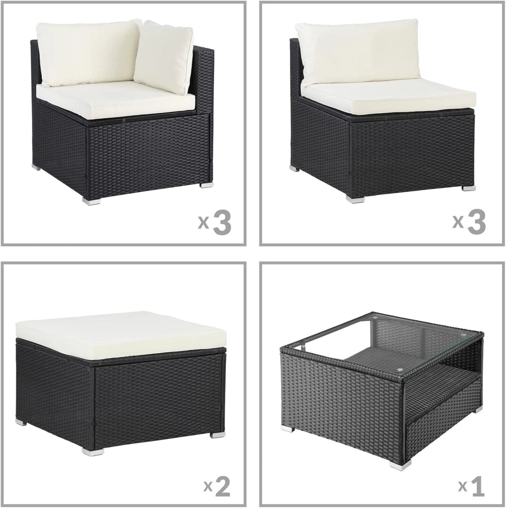 Set Salotto in Polyrattan XL Cuscini Imbottiti Tavolo in Vetro Resistente Mobili da Giardino Salottino Angolo