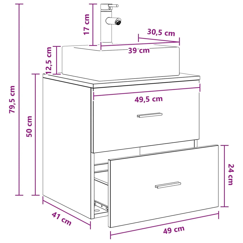Mobile Lavabo da Parete Rovere Nero 49,5 x 41 x 62,5 cm 890279