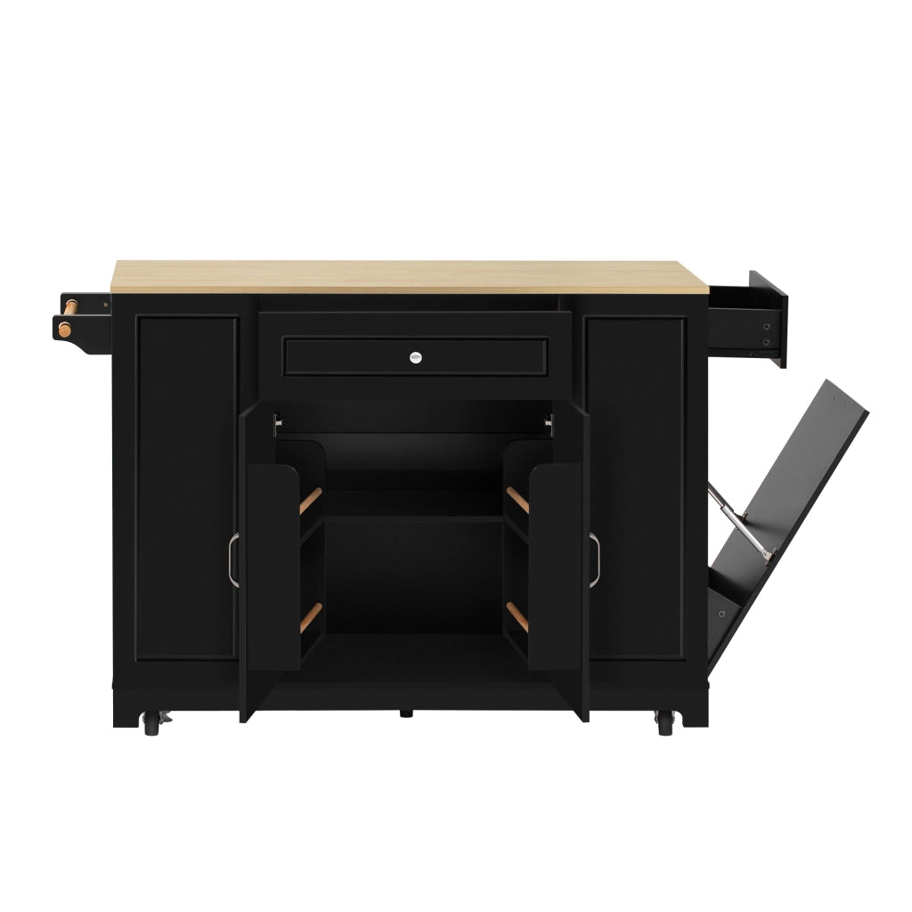 Isola Cucina Mobile con Rotelle e Piano Allungabile ¨C MINIMAL ¨C Nero, Cassetti, Portarifiuti