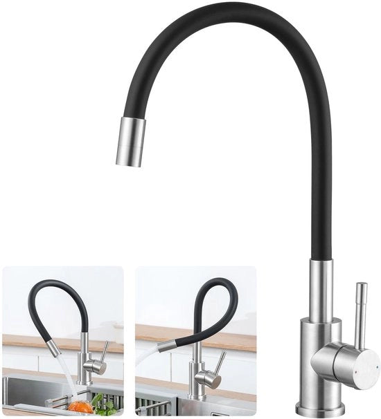 Flessibile rubinetto da cucina Nero 360° girevole, rubinetto da cucina Nero ad alta pressione, rubinetto RVS con vaschetta, rubinetto da cucina per vasca, rubinetto a maniglia singola per vasca - SERIE