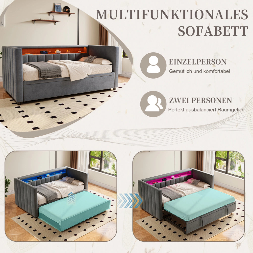 DIVANO LETTO Estraibile 90x190 cm Velluto Grigio Scuro con LED e USB-Type-C
