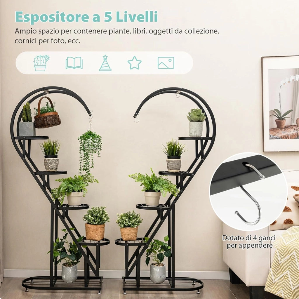 Scaffale per Piante in Metallo a 5 Livelli, Porta Piante a Forma di Cuore con Gancio, Scaffale per Fiori per Soggiorno, Camera da Letto e Balcone (Nero)