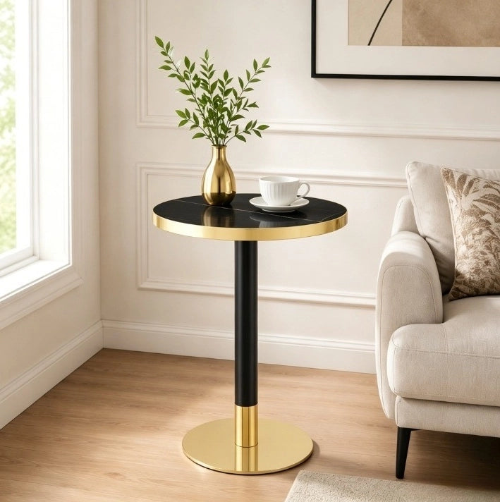 Tavolino rotondo da salotto in MDF effetto marmo nero; struttura in metallo; ? 60 cm H 73;7 cm