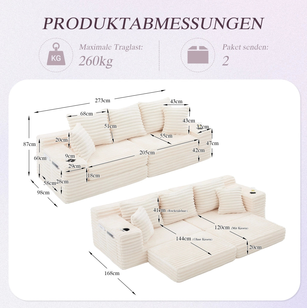 Divano componibile in tessuto corduroy beige 273x98x87 cm; con tasche laterali e portabicchieri