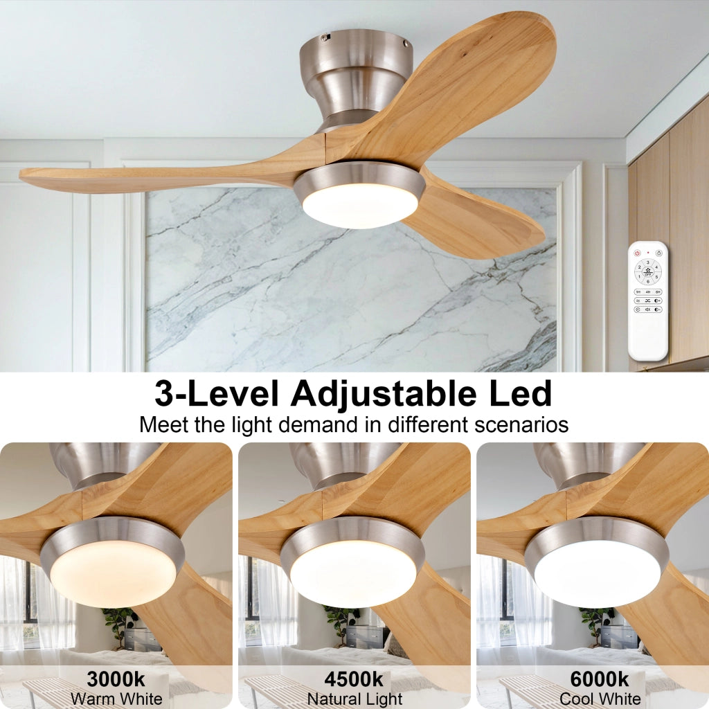 Ventilatore da soffitto a incasso 36 pollici con illuminazione e telecomando, 3 pale legno massello, 3CCT dimmerabile, 6 velocit¨¤ silenzioso
