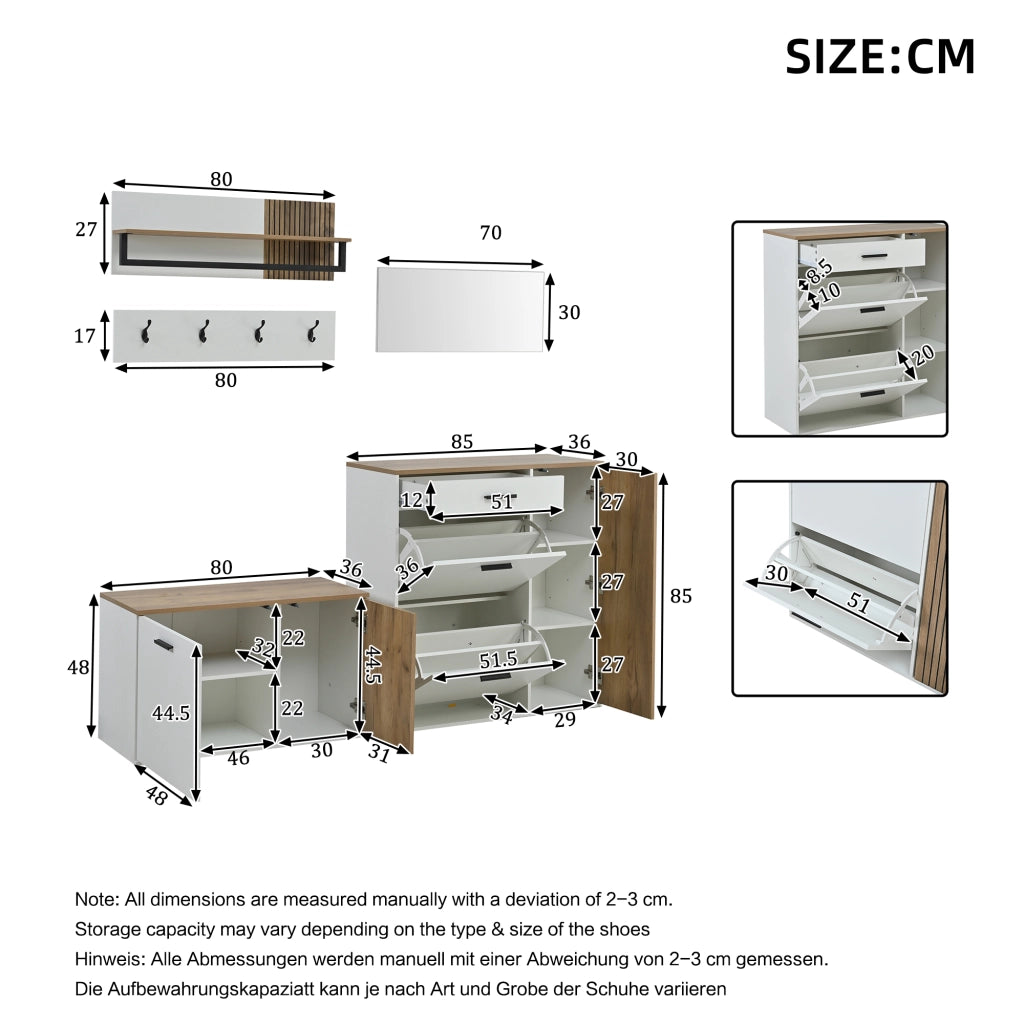 Composizione ingresso 5 pezzi con scarpiera; panca; specchio e 4 ganci; bianco e rovere